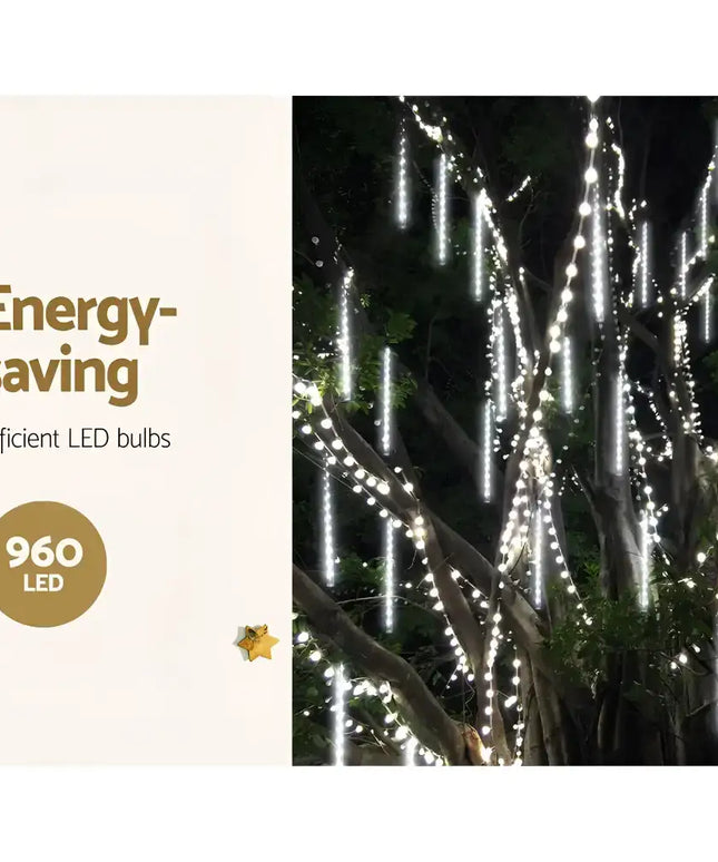 Energy-saving LED meteor shower lights for festive decor on 12M 960 LED Falling Meteor Christmas Icicle Lights