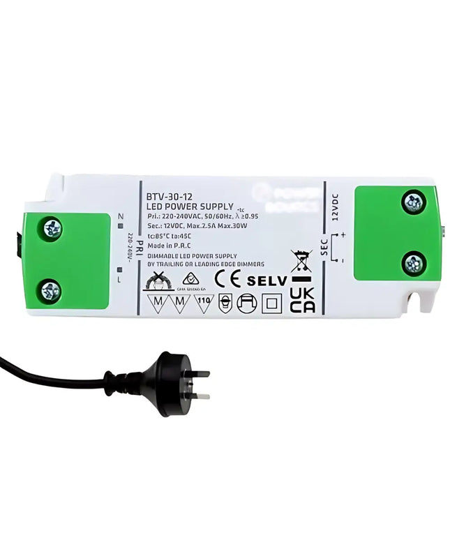 12V 30W TRIAC Dimmable Constant Voltage LED Driver with Flex & Plug - Power & Electrical Supplies