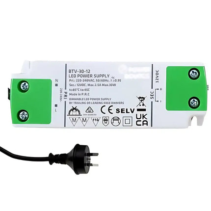 12V 30W TRIAC Dimmable Constant Voltage LED Driver with Flex & Plug - Power & Electrical Supplies