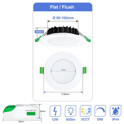 12W Tri-Colour Dimmable LED Downlight | 90mm Cut Out | Matilda - Home & Garden > Lighting > Ceiling Lights