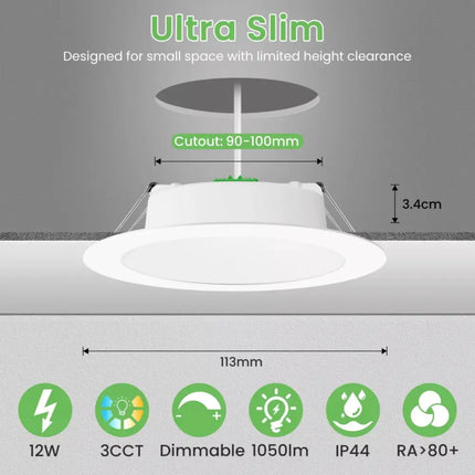 12W Tri-Colour Dimmable LED Downlight | 90mm Cut Out | Reno Sleek