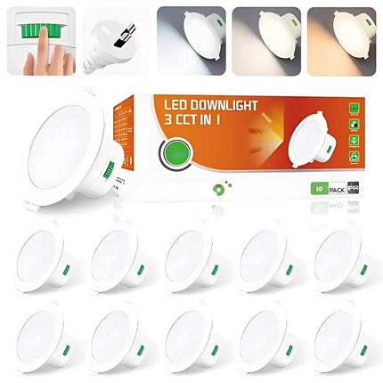 LED downlight packaging with multiple light bulbs and a control unit on a white background