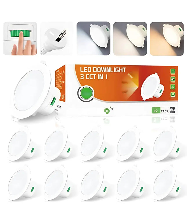 LED downlight packaging with multiple light bulbs and a control unit on a white background