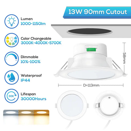 13W Tri-Colour Dimmable LED Downlight | 90mm Cut Out | Reno Powerlux