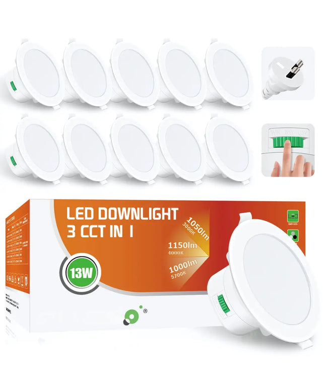 13W Tri-Colour Dimmable LED Downlight | 90mm Cut Out | Reno Powerlux Trade Pack 10 - Home & Garden > Lighting