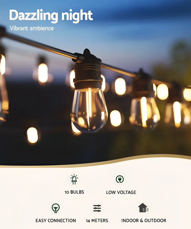 Outdoor 14-meter black festoon string lights with 10 bulbs and plug-in kit for illumination