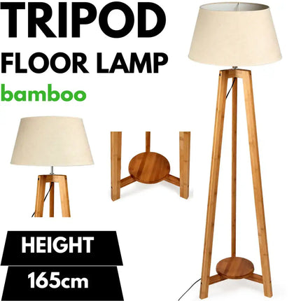 155cm Large Bamboo Wooden Tripod Floor Lamp w Beige Linen Light Shade - Home & Garden > Lighting