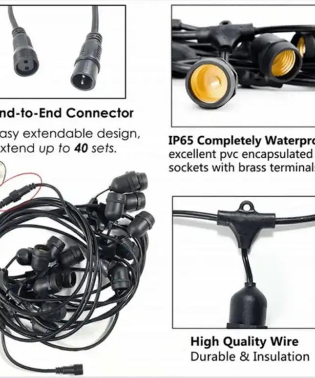 15m Black Hanging Solar Festoon String Lights with 15 Bulb Plug in Kit - Home & Garden > Lighting