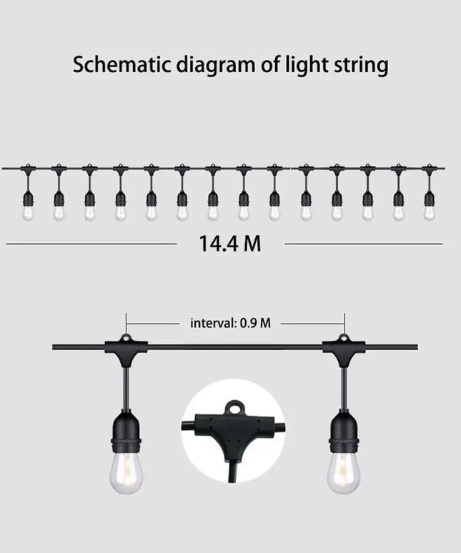 15m Black Hanging Solar Festoon String Lights with 15 Bulb Plug in Kit - Occasions > Christmas > Outdoor Decorations &