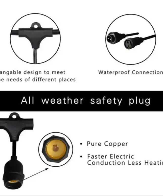 15m Black Hanging Solar Festoon String Lights with 15 Bulb Plug in Kit - Home & Garden > Lighting