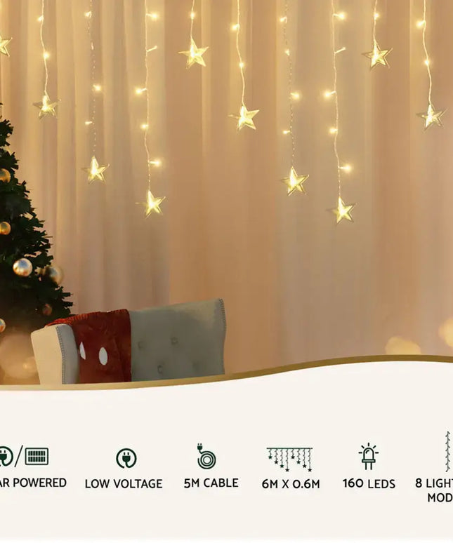 160 LED 6M Christmas Lights Icicle Light Solar Warm Jingle Jollys - Occasions > Christmas > Outdoor Decorations & Lights
