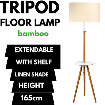 165cm Large Extendable Bamboo Tripod Floor Lamp Linen Shade Shelving - Home & Garden > Lighting