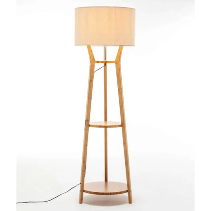 168cm Large Bamboo Wooden Tripod Floor Lamp Light Modern Linen Shade w Shelves - Home & Garden > Lighting