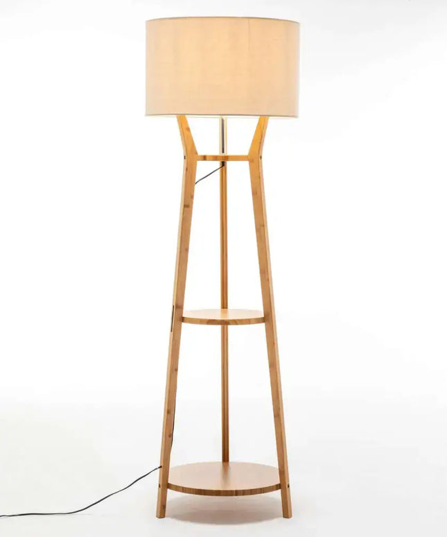 168cm Large Bamboo Wooden Tripod Floor Lamp Light Modern Linen Shade w Shelves - Home & Garden > Lighting