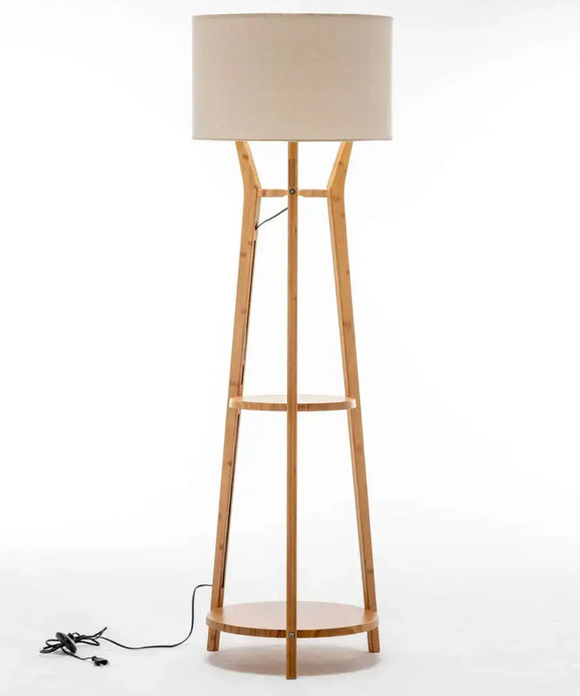 168cm Large Bamboo Wooden Tripod Floor Lamp Light Modern Linen Shade w Shelves - Home & Garden > Lighting