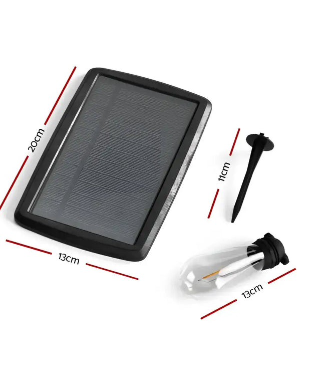 Solar panel stake and lightbulb representing the 17m Black Solar Festoon String Lights with 15 Bulbs Plug-in Kit