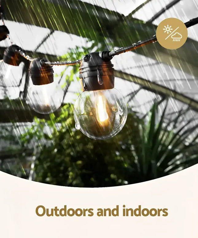 Waterproof black solar festoon string lights with 15 bulbs and plug-in kit for outdoor use