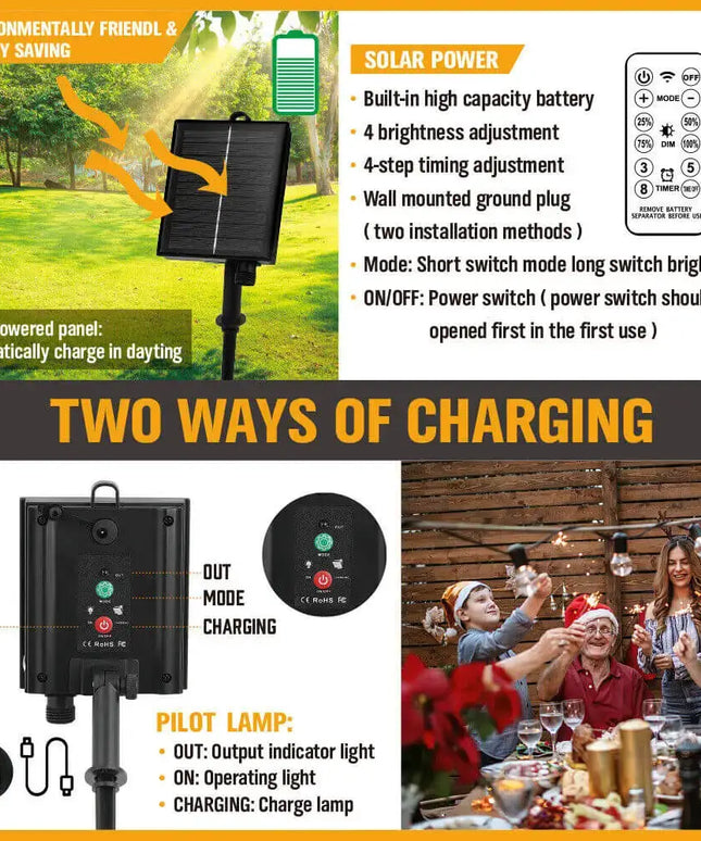 18m Black Solar Festoon String Lights with 15 Bulb Plug in Kit - Home & Garden > Lighting