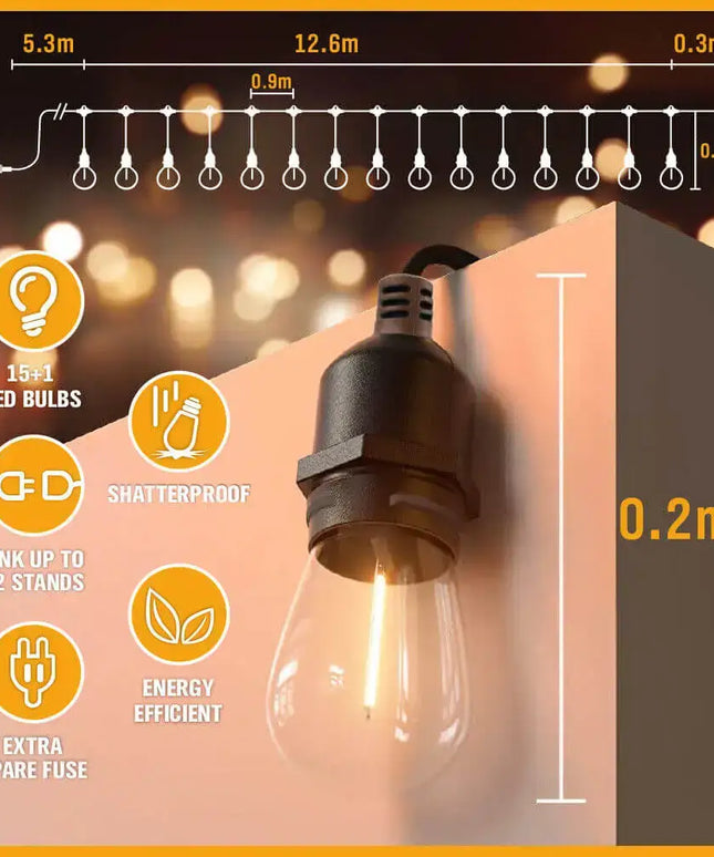 18m Black Solar Festoon String Lights with 15 Bulb Plug in Kit - Home & Garden > Lighting