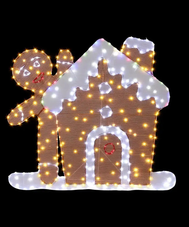 Illuminated gingerbread house and man featuring the 1M LED Christmas Fairy Light Decoration
