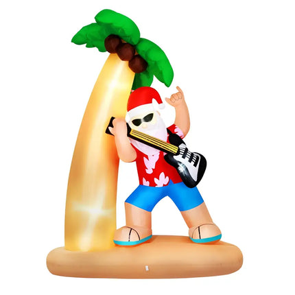 Inflatable Santa playing guitar under a palm tree LED illuminated Christmas decoration