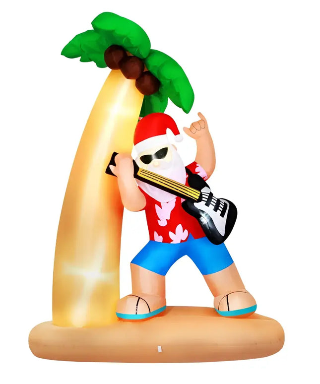 Inflatable Santa playing guitar under a palm tree LED illuminated Christmas decoration