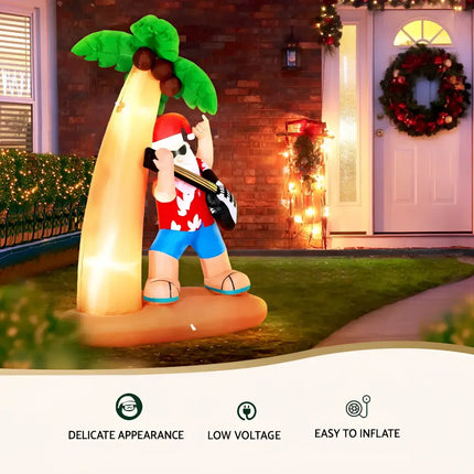 Inflatable Santa playing guitar under a palm tree, 2.1M Christmas LED holiday decoration