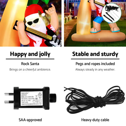Christmas inflatable Santa guitar with LED lights, features, and accessories