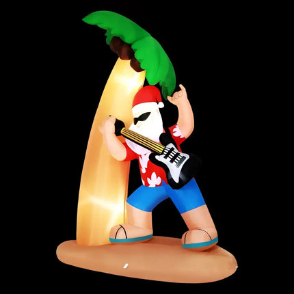 Inflatable Santa playing guitar under a palm tree, illuminated for Christmas decoration