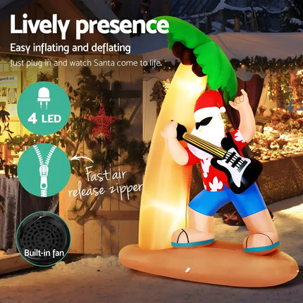 Inflatable Santa playing guitar on surfboard with LED lights for Christmas decoration