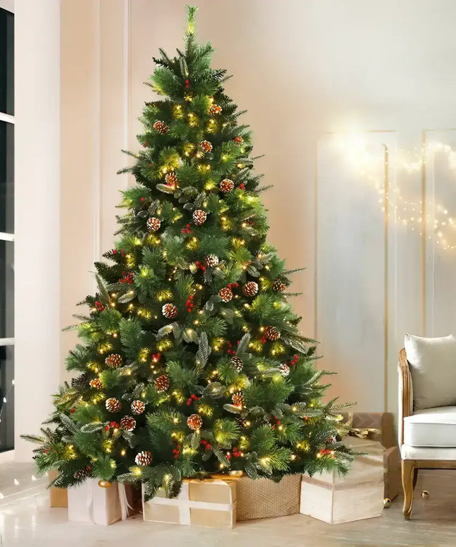 Decorated Jingle Jollys 2.1M Christmas Tree with Gifts, Pine Cones, Berries, and Warm LED Lights