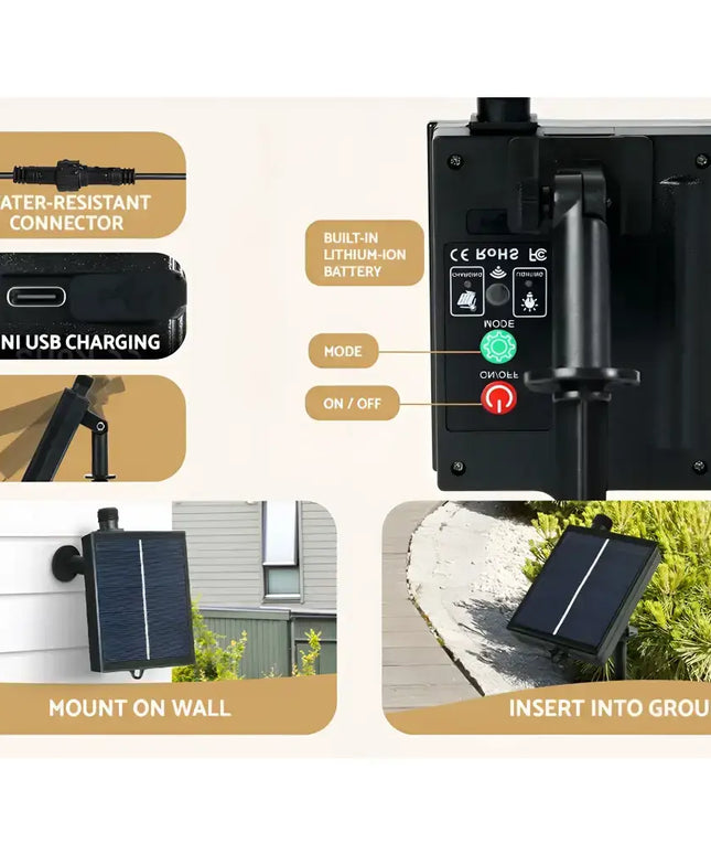 Solar panel with mounting options on the 2.1M Solar Christmas Tree 480 LED