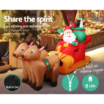 Inflatable Santa Sleigh with Reindeer for Christmas Decorations, 2.2M illuminated display