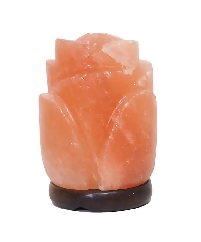 Rose-shaped Himalayan salt lamp with a timber base, glowing warmly in a cozy setting Melbourne.