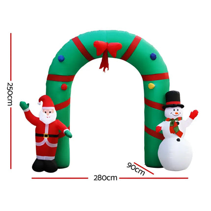 Inflatable Christmas archway with Santa and snowman, illuminated 2.8-meter decorations