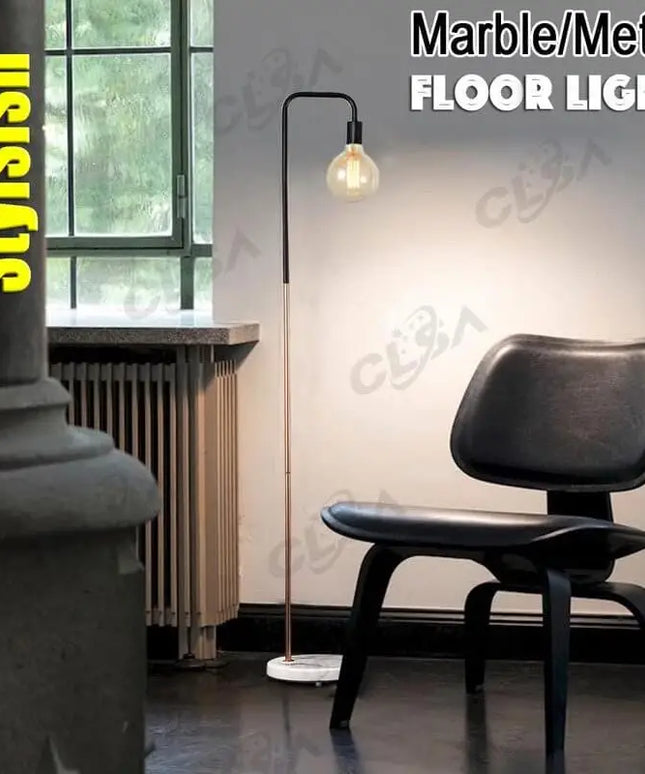 2 x Led Floor Light With Marble Base and Metal Matt Black and Copper Plating LED Vintage Globe Included-Home & Garden > Lighting-Koala Lamps and Lighting