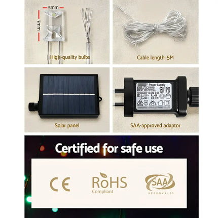 Solar-powered 200 LED 3M Christmas String Lights with Safety Certifications for festive decoration