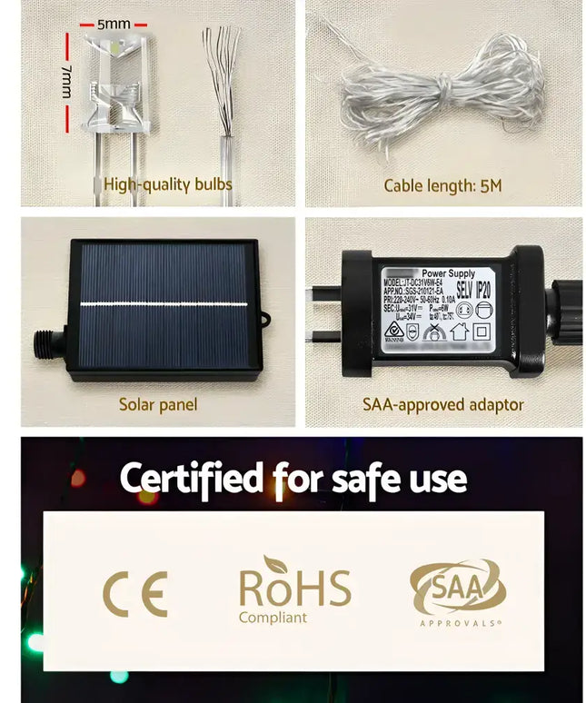 Solar-powered 200 LED 3M Christmas String Lights with Safety Certifications for festive decoration
