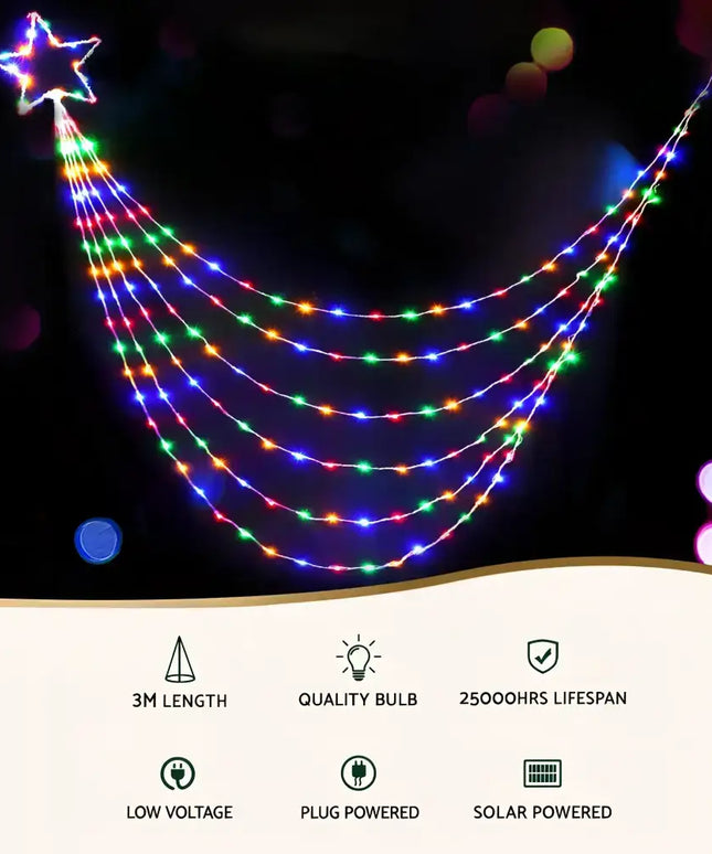 Star-shaped cascading string lights from Jingle Jollys 200 LED solar Christmas lights