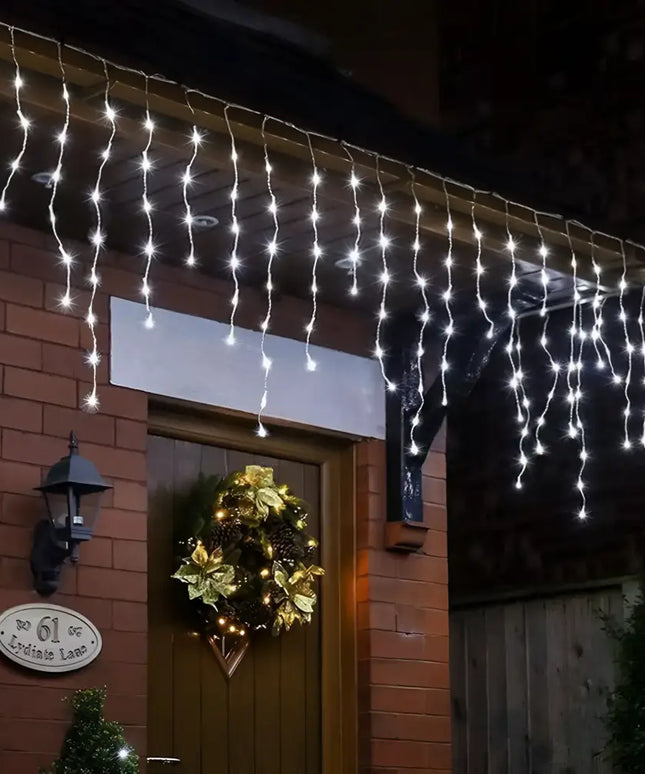 Illuminated icicle Christmas lights for festive decoration with 200 low voltage LED bulbs