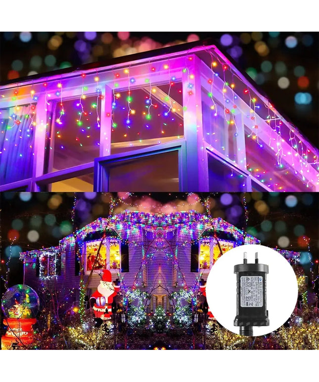 Colorful Christmas lights displaying 200 low voltage LED Icicle Fairy Lights with multi-color illumination