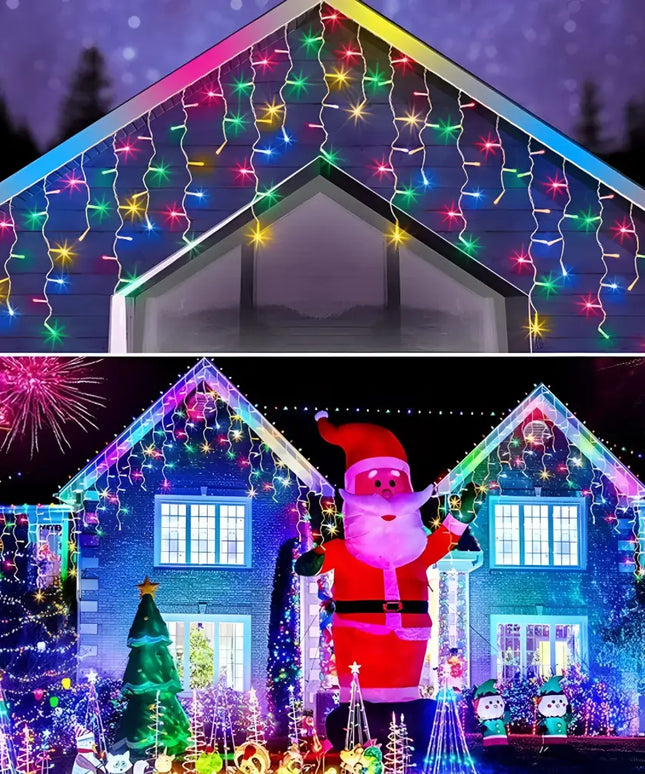 Extravagant Christmas-decorated house illuminated with 200 Low Voltage LED Icicle Fairy Lights