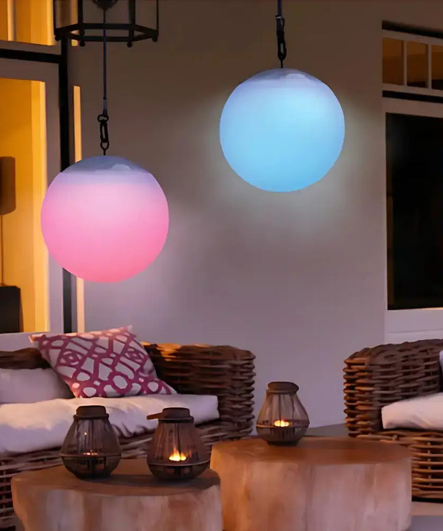 Close-up of a 20cm solar ball light showcasing durable PE plastic and modern design.