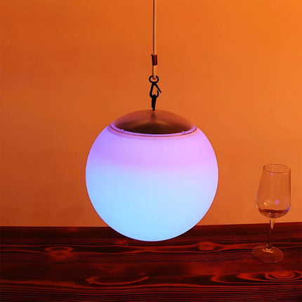 LED Hanging Ball with 16 color settings, hanging from a tree branch in an outdoor space.