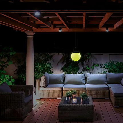 LED Hanging Ball with remote control, creating a festive ambiance in an outdoor area.
