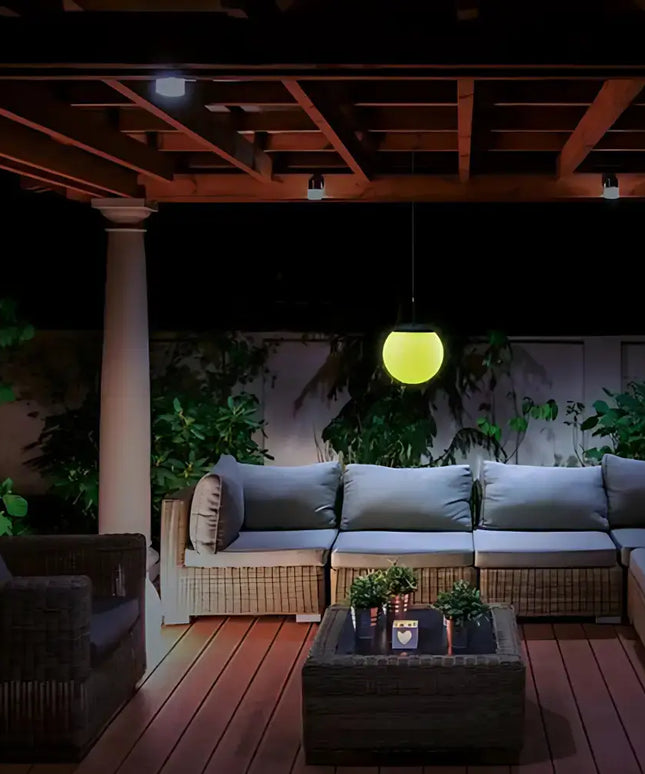 LED Hanging Ball with remote control, creating a festive ambiance in an outdoor area.