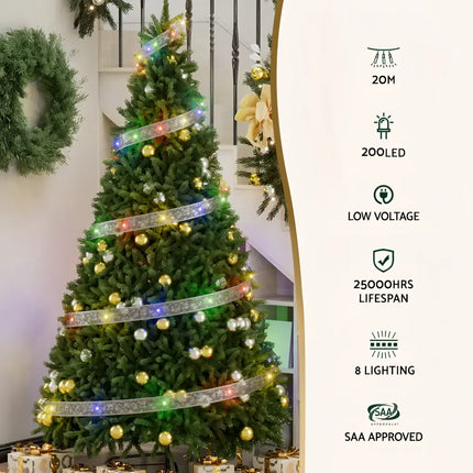 Decorated Christmas tree with LED lights using 20M Christmas Lights Ribbon Fairy Light 200 LED Colored Jingle Jollys