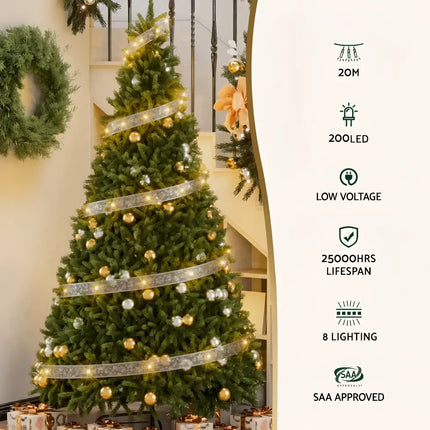 Decorated Christmas tree with 20M warm white LED fairy lights ribbon and jingle jollys
