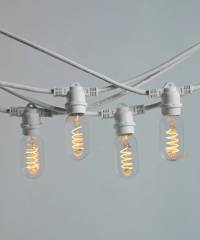 Close-up of a single bulb on the white festoon lighting kit