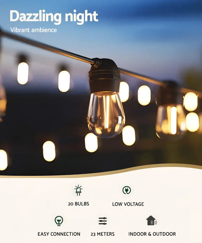 23m Black Solar Festoon String Lights with 20 Bulb Plug-in Kit for outdoor illumination